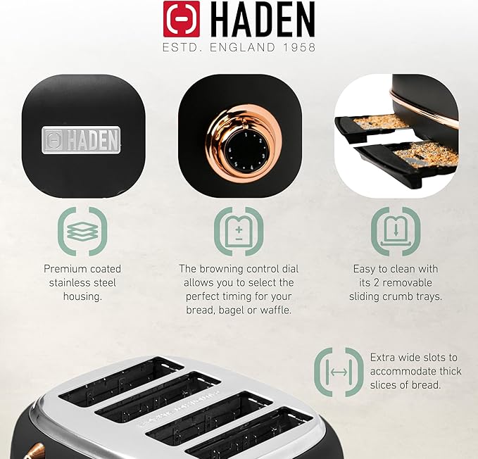 Haden Heritage 4 Slice Wide Slot Stainless Steel Toaster Bundled with 1.7 Liter Stainless Steel Electric Water Kettle, Black & Copper