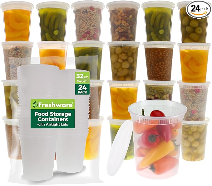 Freshware Food Storage Containers [24 Set] 32 oz Plastic Deli Containers with Lids, Slime, Soup, Meal Prep Containers | BPA Free | Stackable | Leakproof | Microwave/Dishwasher/Freezer Safe
