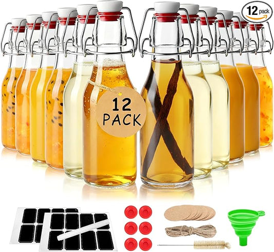 Ruckae 12 Pack 8.5oz Swing Top Glass Bottles with Lids Kombucha Coquito Flip Top Glass Bottle for Syrup Vanilla Extract Brew Beer Kefir Air Tight Bottles for Gift (8.5 oz 12 pack)