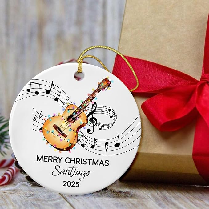 Custom Text Year Name Guitar Player Ceramic Christmas Ornament, Unique Guitar Instrument Ornament Gift for Guitarist Grandparent Dad Mom Brother Sister, Personalized Guitar Musical Ceramic Ornaments