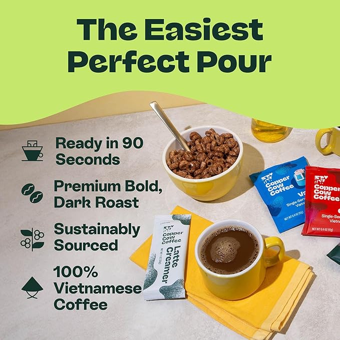 Copper Cow Coffee Pour Over Vietnamese Coffee Pouches + Sweetened Condensed Milk Creamers (8 Coffees & 8 Milk Creamers) | Churro Lattes, No Refrigeration Needed, Travel Friendly
