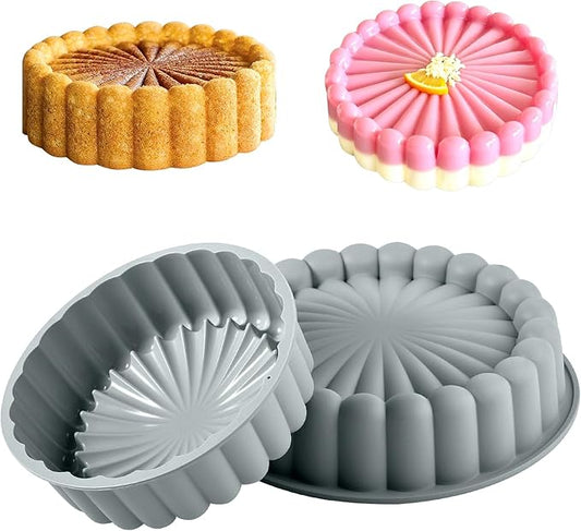 10 Inch Silicone Bundt Cake With 8 Inch Pan Set (2 Pack) - Nonstick Baking Mold for Pound Cake, Jello, Bread & Brownies, Dishwasher Safe, Grey