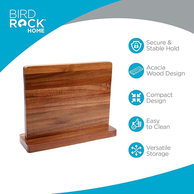 BIRDROCK HOME Wooden Magnetic Knife Block | Acacia Wood Knife Storage | Double-Sided Strong Magnetic Knife Holder | Knife Organizer for Kitchen & Space-Saving Design | No Knives Included | 12.8"Lx10"H
