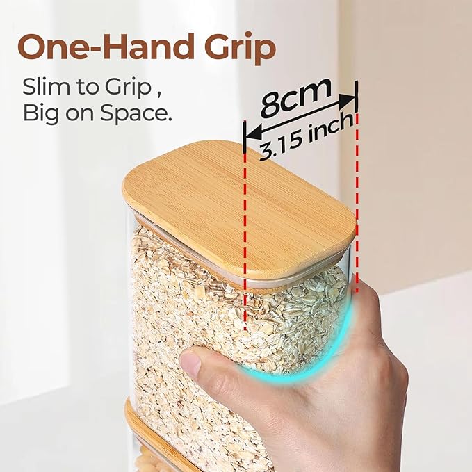 ComSaf 2 Qt Rectangle Glass Storage Containers with Lids, Glass Jars with Bamboo Lids, Clear Food Jar, Square Canister Set of 3, Pantry Organizers and Storage for Flour Pasta Coffee Bean