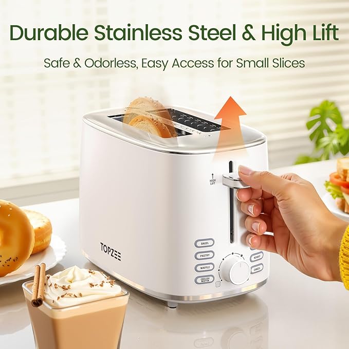 Topzee Toaster 2 Slice, Wide Slot for Toasting Bagel Muffin Waffle Gluten Free Breads, 7 Shade Settings, Defrost & Reheat, Stainless Steel, Easy Clean, White