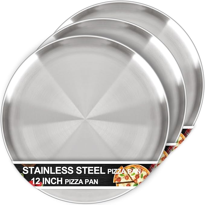 12 Inch Pizza Pan Set of 3 for Oven, Non-Stick Stainless Steel Pizza Steel, Sturdy Non-Toxic Round Pizza Pans Tray for Cookie Pizza Pie Cake, Dishwasher Safe & Easy Clean