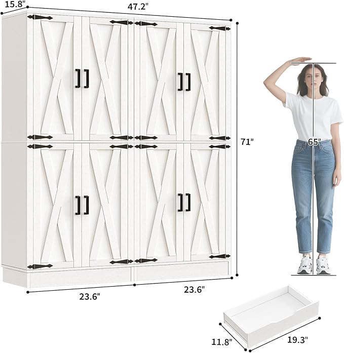 Unikito Kitchen Pantry Cabinet with Farmhouse Barn Doors and Storage Drawer, 8 Adjustable Shelves, Freestanding Tall 71" Cupboard for Dining Room, Living Room, Utility Room, White, 2 Pack