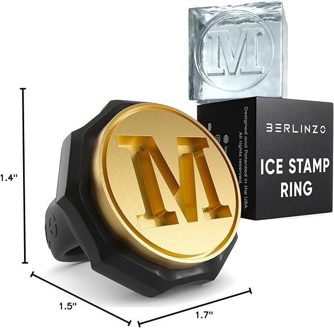 Berlinzo Ice Stamp Ring for Cube & Sphere - Custom Ice Cubes for Whiskey, Mojito Cocktails – M Letter Shaped Brass Ice Stamp m/ 3mm Depth - Black