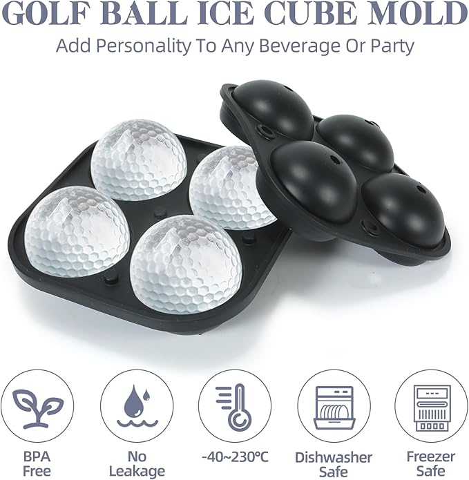 4 Holes Ice Cubes Silicone 2.5 inch Golf Ball Ice Cube Molds for Whiskey, Cocktails, Beer, Golf Gift, Party Tray with Funnel