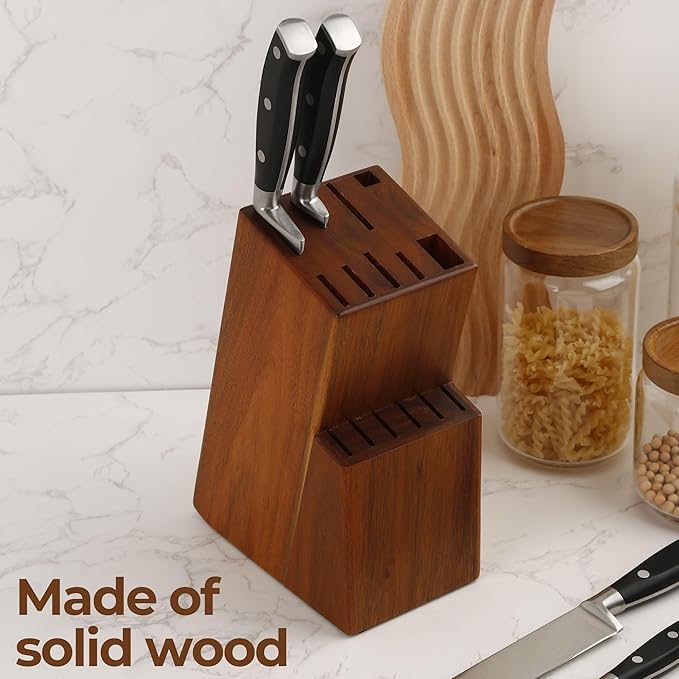 Kitchen knife holder elegant & sturdy (15 slots). Universal knife block with slots for knives, scissor and sharpenner. Knife Block without Knives. Kitchen knife holders for counter top. (Acacia)