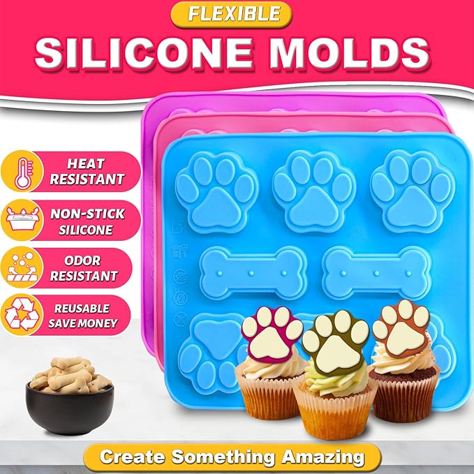 3Pcs Puppy Paw & Bone Silicone Molds - Non-Stick Candy Mold, Reusable Ice Cube Molds for Frozen Dog Treats, Chocolate, Jelly, Biscuit - Food Grade 2-in-1 Dog Treat Mold for Baking and Freezing