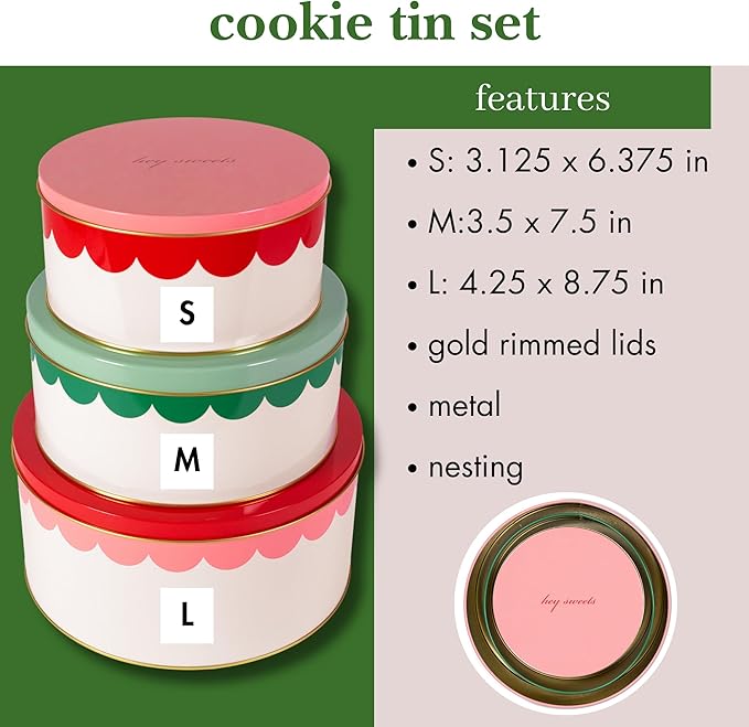 kate spade new york Decorative Metal Tins with Lids, 3 Piece Nesting Set, Small Medium & Large Christmas Cookie Containers, Perfect for Gift Giving and Holiday Parties (Hey Sweets)