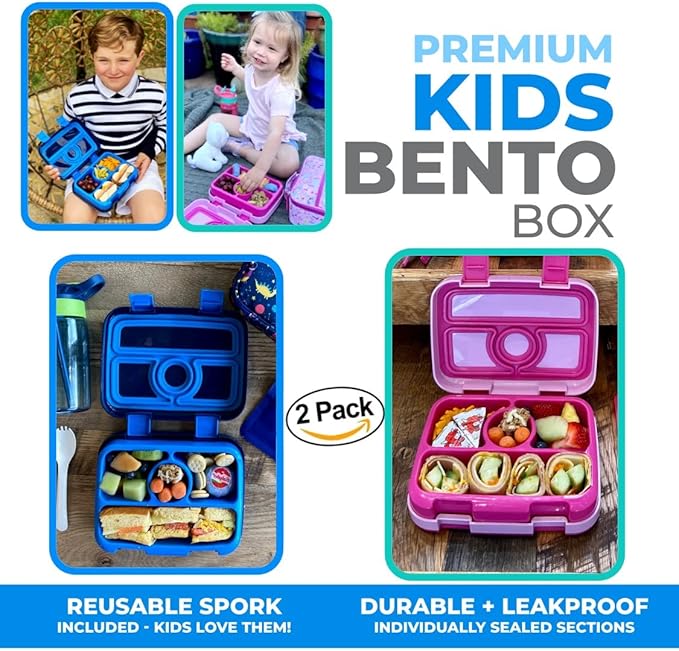 Bento Box Lunch Boxes for Kids Boys Girls, Snack Containers for Toddler Daycare, Pre-School Lunches, 4 Divided Compartments, Pink Unicorn + Blue Space Dinosaur 2 pack