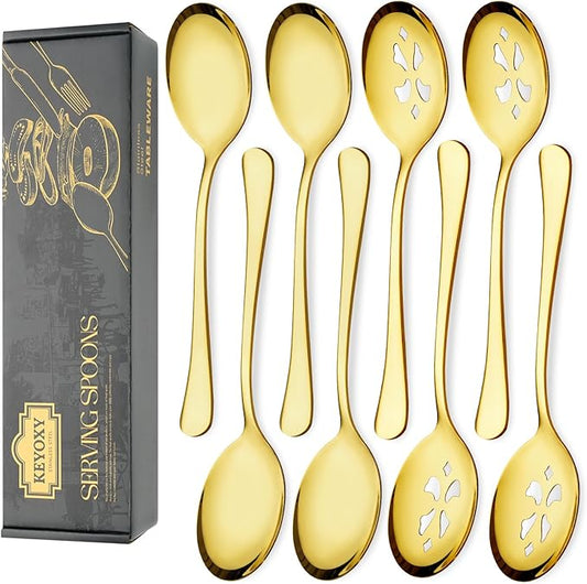 8 Piece Stainless Steel Serving Spoon Set - 4 Large, 4 Slotted,Dishwasher Safe,10-Inch,Gold, for Parties/Kitchen/Buffet/Catering