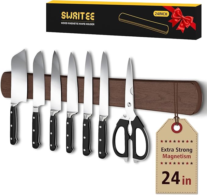 Magnetic Knife Holder for Wall, 24 Inch Extra Large Wood Knife Strip with Strong Magnetism, Space Saver Organizer for Farmhouse/Restaurant Kitchen, Housewarming Gifts