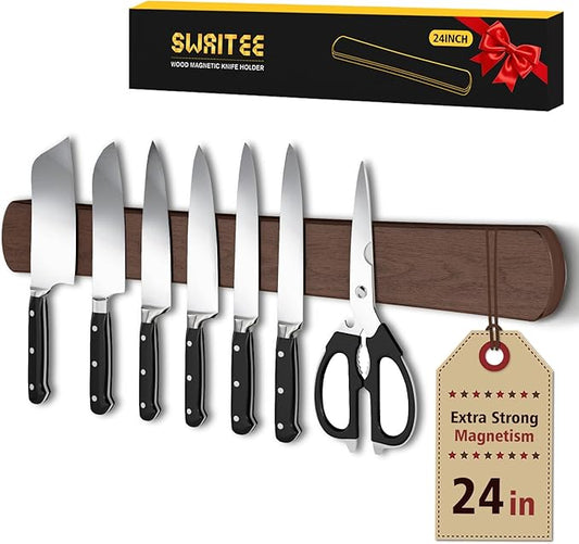 Magnetic Knife Holder for Wall, 24 Inch Extra Large Wood Knife Strip with Strong Magnetism, Space Saver Organizer for Farmhouse/Restaurant Kitchen, Housewarming Gifts