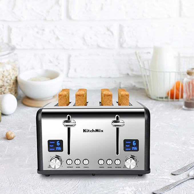 Toaster 4 Slice, Bagel Stainless Toaster with LCD Timer, Extra Wide Slots, Dual Screen, Removal Crumb Tray (Gray)