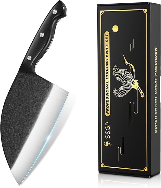 SSGP Serbian Chef Knife, 7.2 Inch Meat Cleaver Knife with Full Tang Handle, Hand Forged Heavy Duty Chopper Knife, Butcher Knife for Kitchen, Outdoor Cooking, Camping