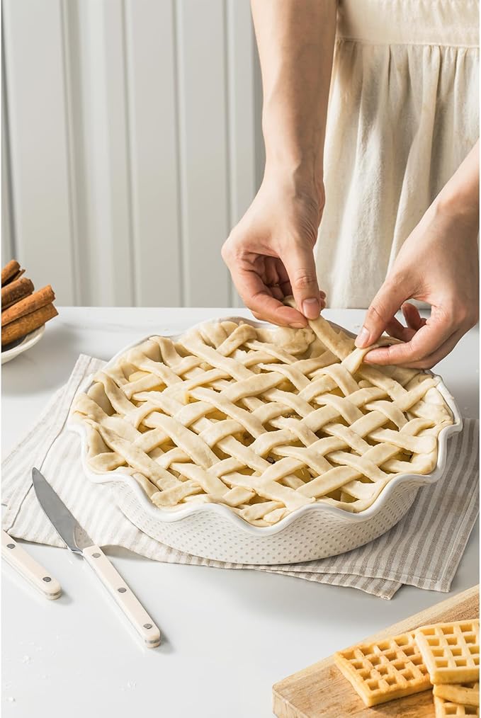 Ceramic Deep Pie Pan for Baking, 11 inch Porcelain Pie Dish for Apple Pie, Oven & Dishwasher Safe, 48 Ounce Deep Plate for Kitchen, Non-Stick Pie Pans,Off-White, Embossed Dots