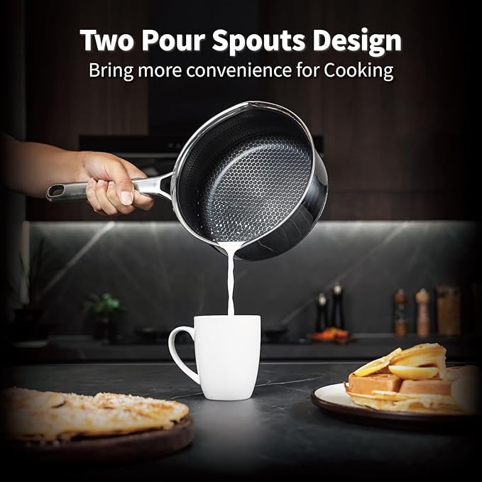 Hybrid Nonstick 1.5 QT Saucepan with Lid, Stainless Steel Honeycomb Pot with Two Pour Spouts,Compatible with All Cooktops,Dishwasher and Oven Safe