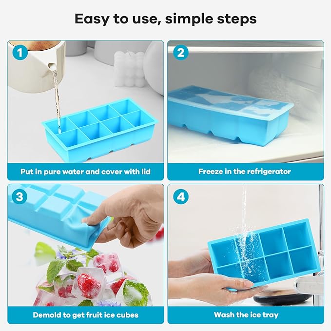 2 Pack Silicone Extra Large Ice Cube Tray - Ice Cube Molds with Lid Reusable & BPA Free, 8 Grids Silicone Large Square Ice Cube Trays Easy Release Ice Cube Tray for Iced Coffee, Cocktail, Whiskey