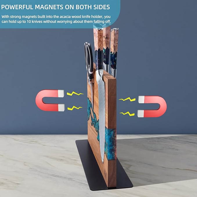 FINDKING Magnetic Knife Block, Double Sided Holder, Powerful Magnet Kitchen Storage, Acacia Wood and Blue Resin (12 x 10 Inches, Without Knives)
