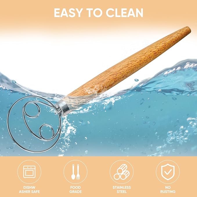 Maxjoy Danish Dough Whisk for Sourdough Bread Baking - Stainless Steel Hook with Wooden Handle