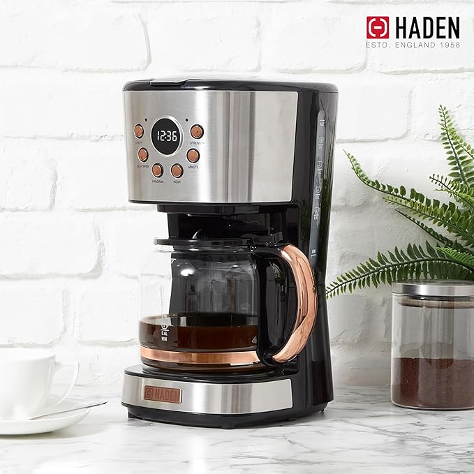 Haden Coffee Machine, 12 Cup Programmable Drip Coffee Maker with Auto Shut-Off Function and Reusable Washable Water Filter, Steel & Copper