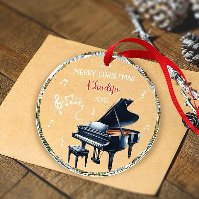 Personalized Piano Player Xmas Ornament Glass 2025, Piano Christmas Keepsake Gifts for Music Teacher Pianist, Musical Instrument Christmas Tree Decorations, Custom Text & Name Pianist Glass Ornament