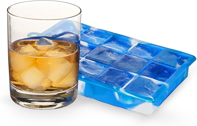 Host Ice Cube Tray with Lid, Makes 15 1.25" Cubes, Durable Silicone Trays, Perfect for Cocktails, Beverages, Mocktails, Iced Coffee, Tea, Infused Water, Kitchen Essentials, Set of 1, Blue Marble