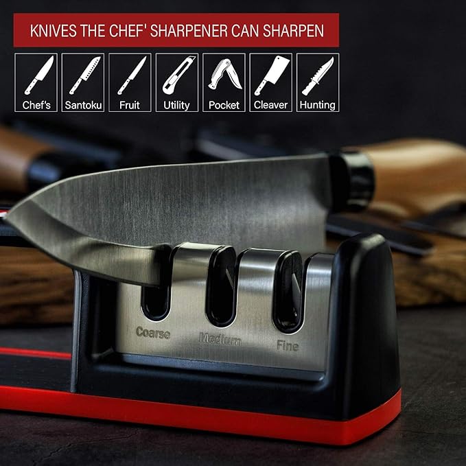 Kitchen Knife Sharpener - Complete 3-stage Knife Sharpener CS-T01 with Diamond Dust Rods, Sturdy Design, Non-slip Base Pat, Easy and Safe to Use, Fast and Effective Manual Sharpening Tool