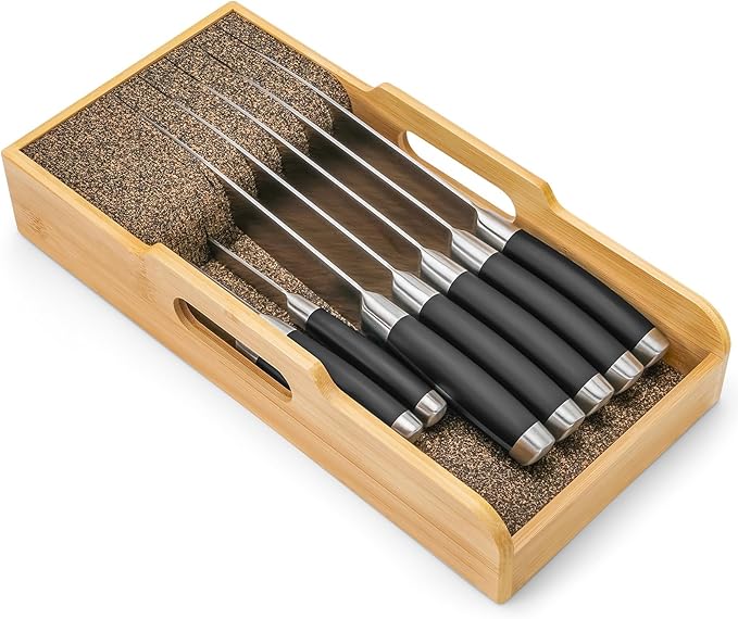 Bamboo Knife Drawer Organizer Insert - Kitchen In-Drawer Knife Block Holder, Flexible Dividers for Knives Organization