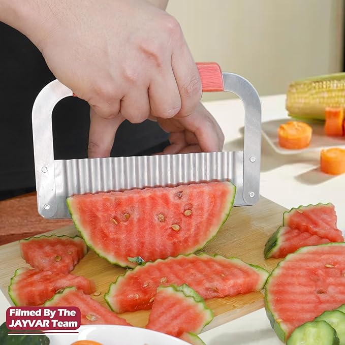 JAYVAR Extra-Large Crinkle Cutter Wave Potato Slicer – Stainless Steel French Fry Cutter for Restaurants, Waffle Slicing Tool, Crinkle Chopping for Potatoes, Kitchen Veggie Cucumber Slicer with Handle