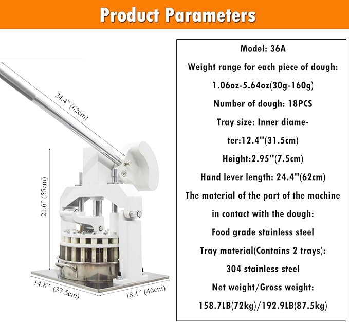 INTSUPERMAI Manual Dough Divider Cutter Machine 36PCS Tabletop Dough Divider Rounder 3 Pans Hydraulic Dough Equal Cutter Machine 1.06oz-5.64oz One Piece