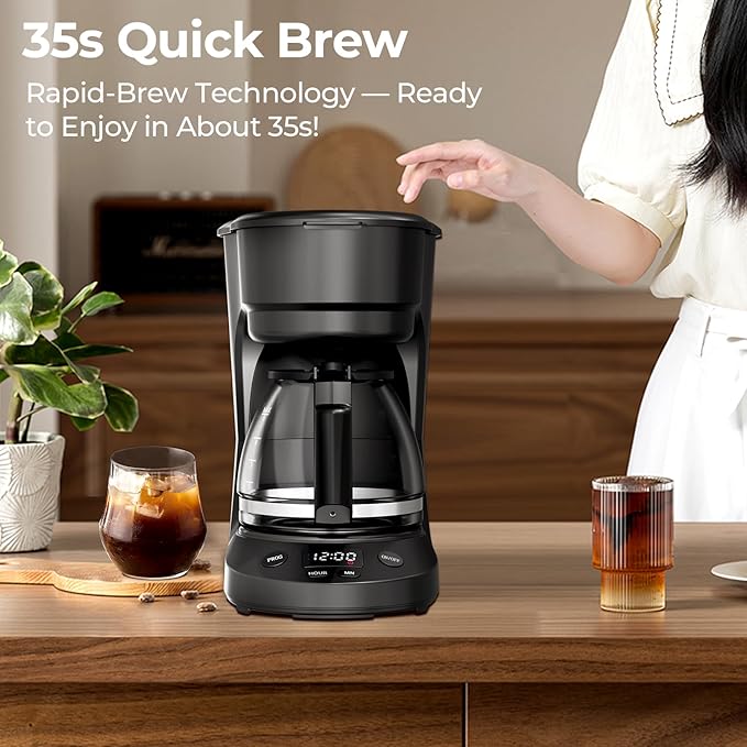 Small 5-Cup Coffee Maker with 24h Programmable Timer, Drip Coffee Machine with Food-grade BPA-free Glass Carafe, 2h Keep Warm with Auto Shut-off, Delay Brew, 25oz Water Tank, Compact for Home/RV