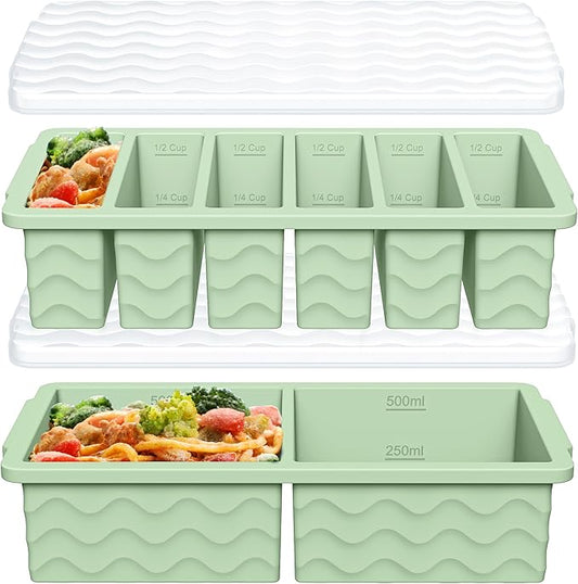2-Pack Silicone Freezer Trays with Lid, 2 Large 2-Cup(500ml) & 6 Small 1/2-Cup(125ml) Soup Freezer Container Molds, Ice Cube Tray For Meal Prep & Freezing Soup, Stews, Sauces, Oven & Dishwasher-Safe