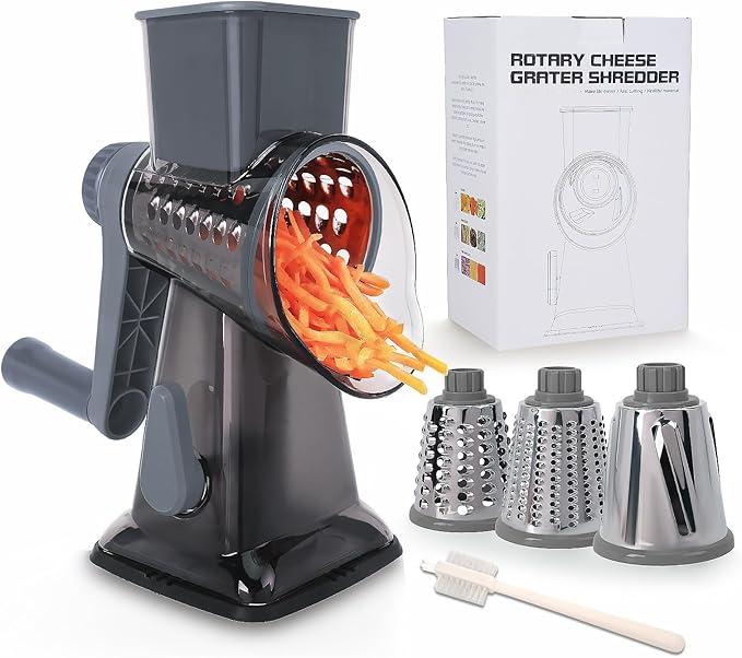 Rotary Cheese Grater Multi-Purpose Stainless Steel Shredder- Cheese Grater With handle Effortless Grating of Vegetables, Nuts and Fruits,with Suction Base and Cleaning Brush (gray)