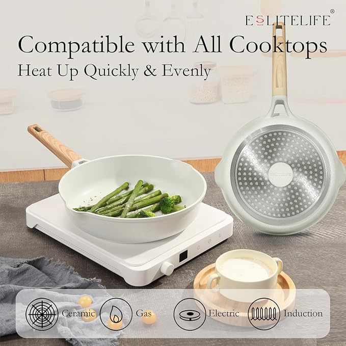 ESLITE LIFE Nonstick Ceramic Frying Pan Skillet, Non-Toxic Egg Omelette Kitchen Cooking Pans Compatible with All Stovetops (Gas, Electric & Induction), PTFE & PFOA Free (White, 8'')