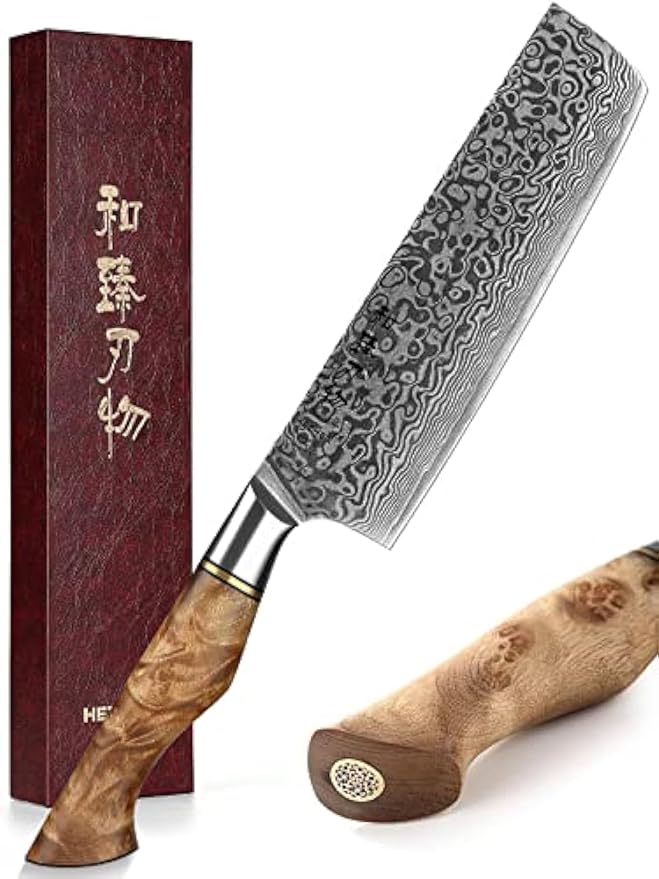 HEZHEN 7 inch Nakiri Knife Japanese High Carbon Steel-Super Durable Cooking Knife-67 Layers of Damascus Steel Sharp Blade -Ergonomic Design for Figured Sycamore Wood Handle