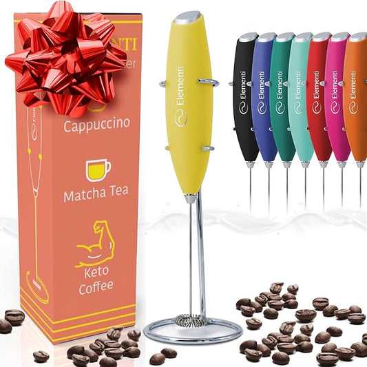 Elementi Milk Frother Handheld - Electric Coffee Mixer for Lattes, Cappuccinos and Cold Foam - Compact Drink Frother Wand for Barista-Style Beverages - Yellow