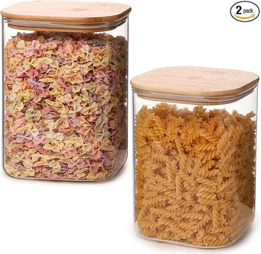 Liuruiyu Glass Food Storage Jars 150 Set of 2,Glass Storage Containers Clear Glass Food Canister with Bamboo Lid Airtight For Serving Tea, Coffee, Flour, Sugar, Candy, Cookie, Spice and More (Square)