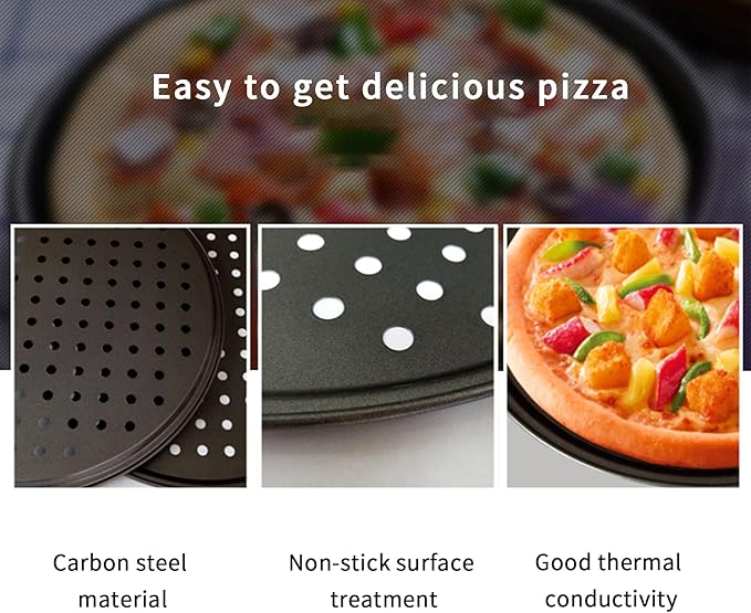 9.6 inch Pizza Pan With Holes, Carbon Steel Perforated Non-Stick Bakeware for Home Kitchen Oven, 2 Pack