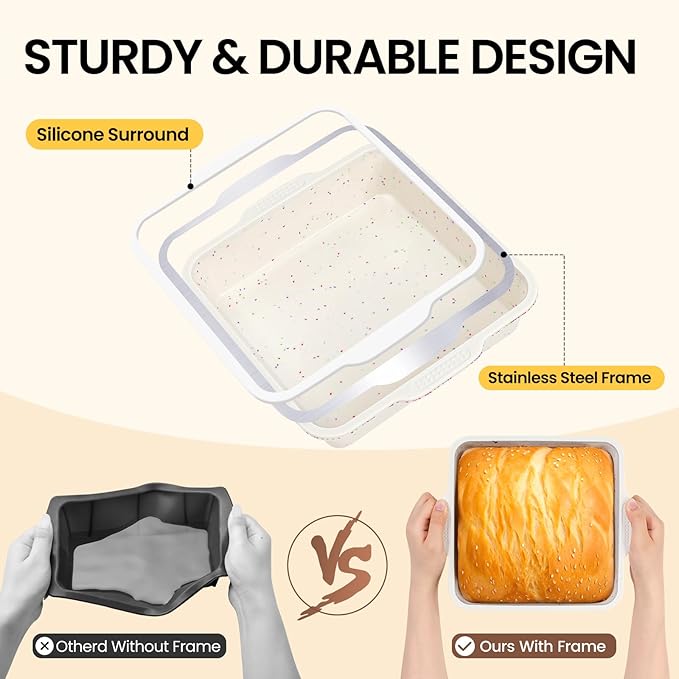 Vinino 8 inch Silicone Square Cake Pan with Metal Reinforced Frame Set of 2, Nonstick Silicone Brownie Pans BPA Free Suitable for Making Cakes, Brownies, Bread