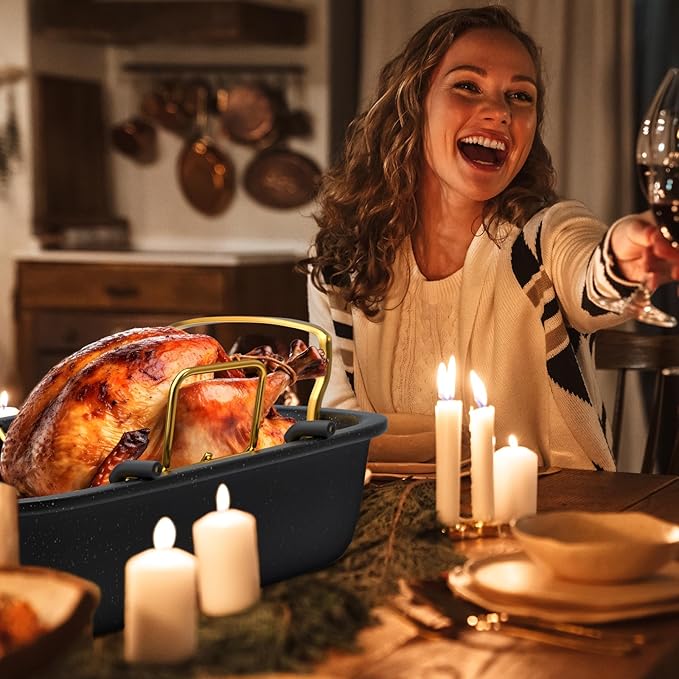 Turkey Roasting Pan, 17x13 Inch Nonstick Roaster with Removable Rack, Turkey Baster, Meat Thermometer, Turkey Brine Bags, Roaster Pan for Roasting Turkey, Meat & Vegetables (Black&Gold)