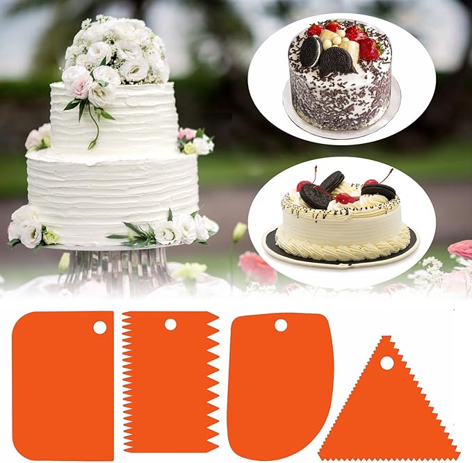 Cake Scraper, Cake Smoother Scraper Set, Dough Scraper Icing Scraper Polisher Tool, Cake Decorating Comb, Icing Smoother Plastic Sawtooth Cake Icing Kitchen Baking Cake Edge (Orange)