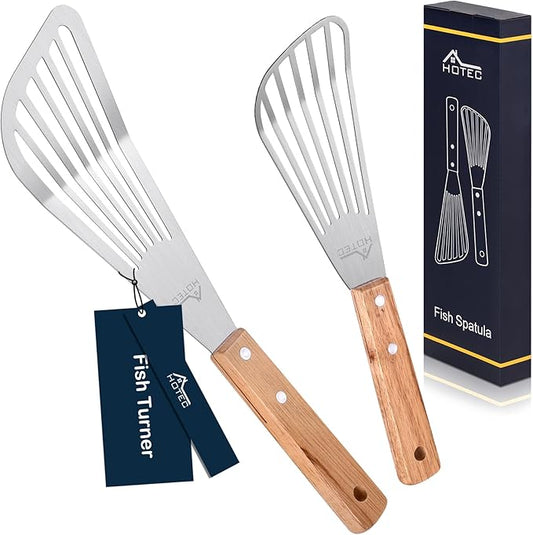 HOTEC 2pcs Stainless Steel Wooden Handle Fish Spatula, Metal Spatula Flipping Foods