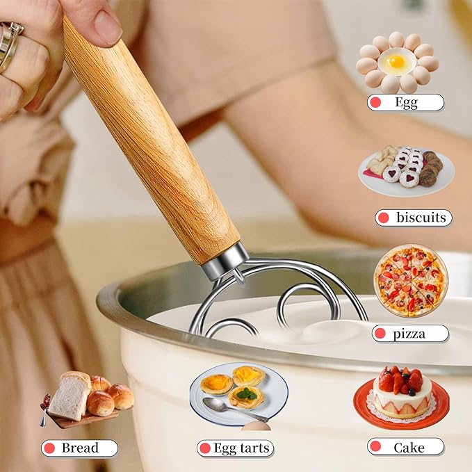 Danish Dough Whisk Stainless Steel Dough Hook Dutch Whisk for Sourdough Bread Dough Mixer Hand Wooden Handle Kitchen Whisking Mixing Tool Bread Making Tools and Supplies pizza dough