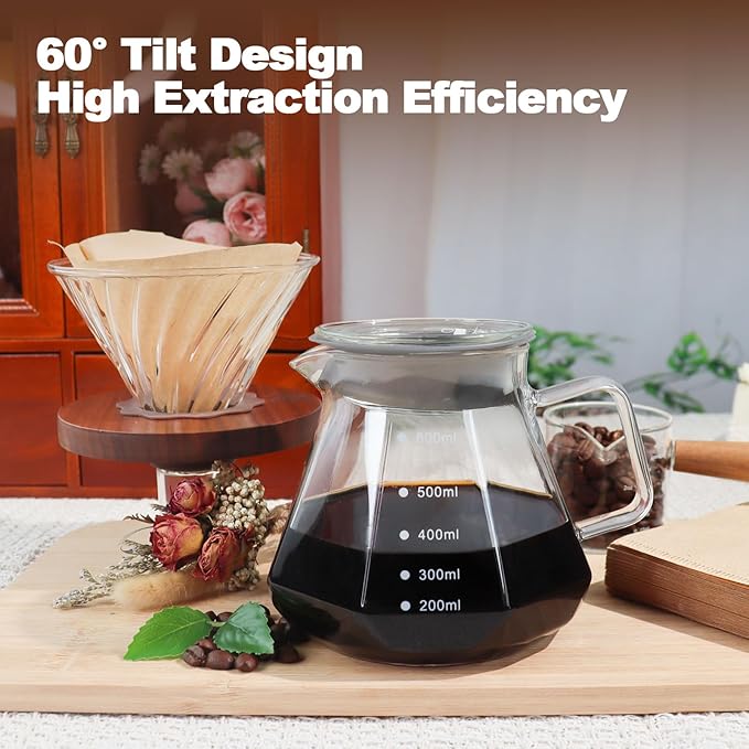 Pour Over Coffee Maker Set 600ml Portable with 100 Pcs Filter Paper Glass Coffee Maker High Borosilicate Glass Eagle Beak Spout Design Walnut Wood Base for Pour Over Dripper for Daily Brewing