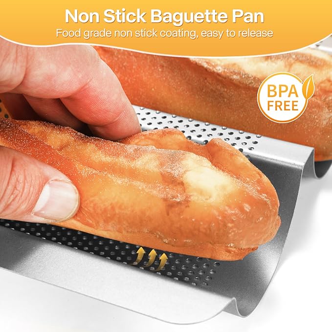 Baguette Pan, Baguette Bread Pan Perforated, Nonstick French Bread Baking Pan 3 Loaves with Proofing Cloth, Dough Cutter Kit for Home Baker, Baguette Tray 15x11 Inch Silver Bread Pan
