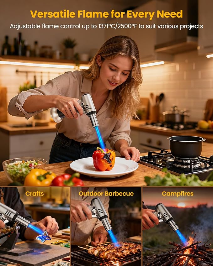 Kollea Butane Torch Lighter, Mini Kitchen Cooking Torch Lighter with Fuel Gauge & Continuous Flame Lock & Nozzle, Culinary Blow Creme Brulee Torch for Baking Food Desserts (Butane Gas Not Included)